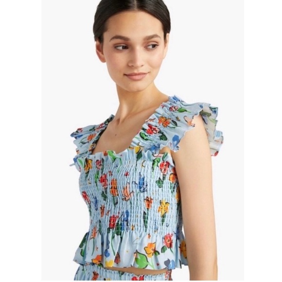 Hill House Tops - Hill House Linen Floral Ruffle Sleeve Smocked Crop Top